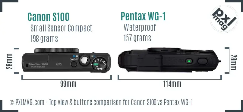 Canon S100 vs Pentax WG-1 top view buttons comparison