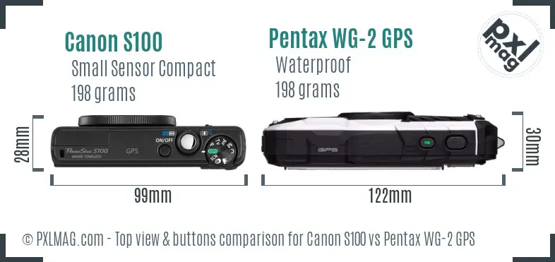 Canon S100 vs Pentax WG-2 GPS top view buttons comparison