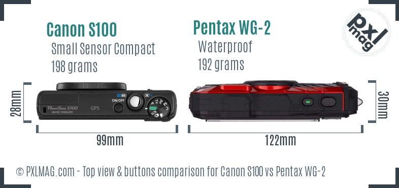 Canon S100 vs Pentax WG-2 top view buttons comparison