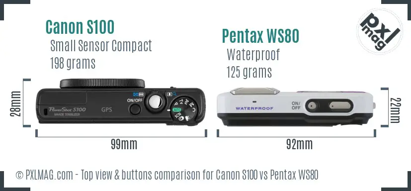 Canon S100 vs Pentax WS80 top view buttons comparison