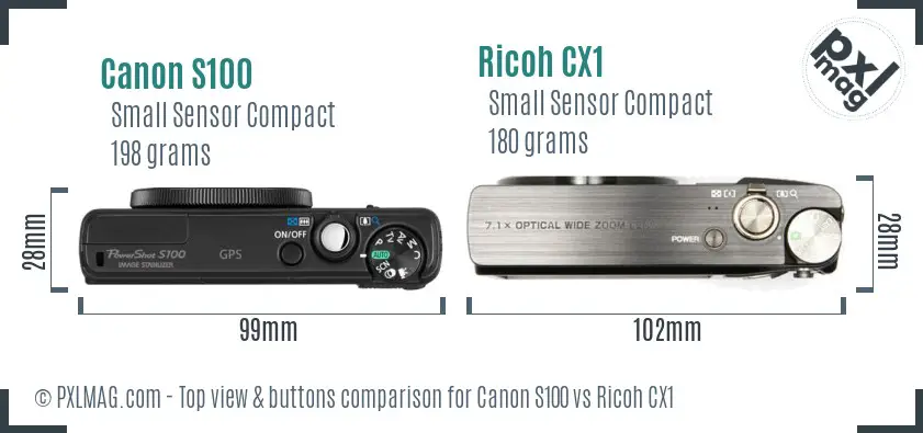 Canon S100 vs Ricoh CX1 top view buttons comparison
