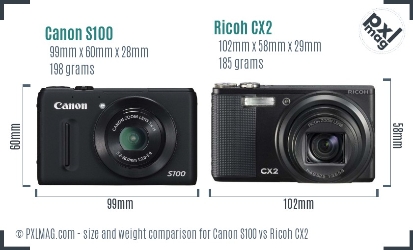 Canon S100 vs Ricoh CX2 size comparison