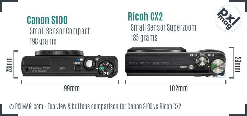 Canon S100 vs Ricoh CX2 top view buttons comparison