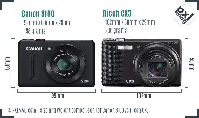 Canon S100 vs Ricoh CX3 size comparison
