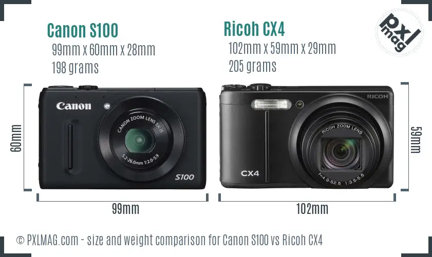 Canon S100 vs Ricoh CX4 size comparison