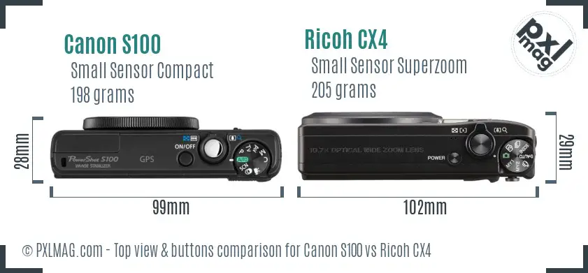 Canon S100 vs Ricoh CX4 top view buttons comparison