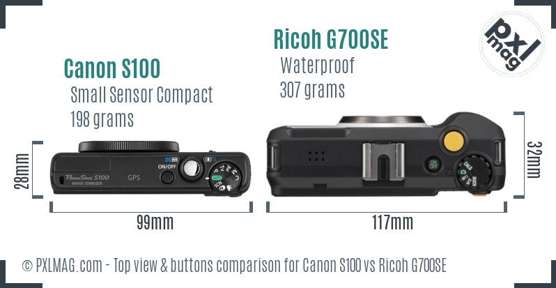 Canon S100 vs Ricoh G700SE top view buttons comparison