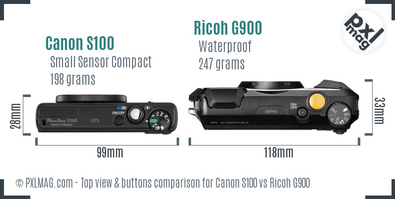 Canon S100 vs Ricoh G900 top view buttons comparison