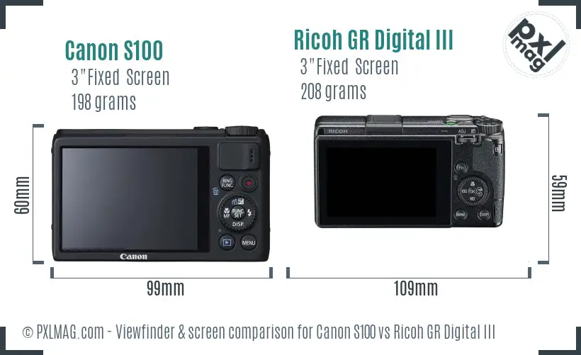 Canon S100 vs Ricoh GR Digital III Screen and Viewfinder comparison