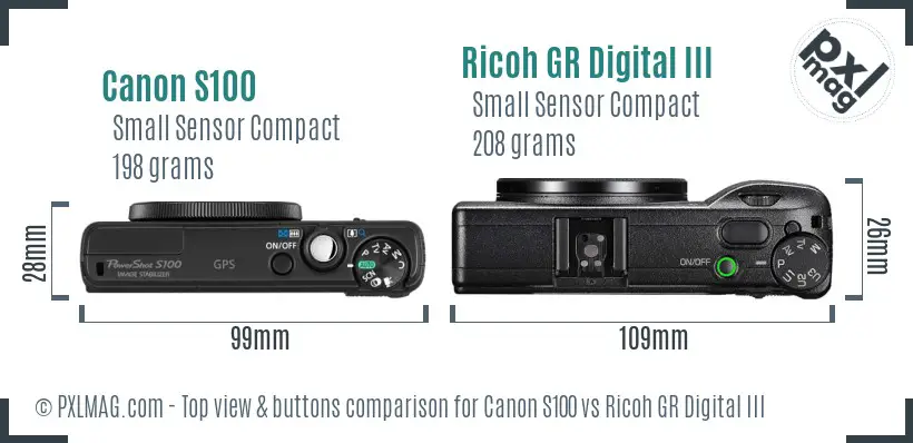 Canon S100 vs Ricoh GR Digital III top view buttons comparison