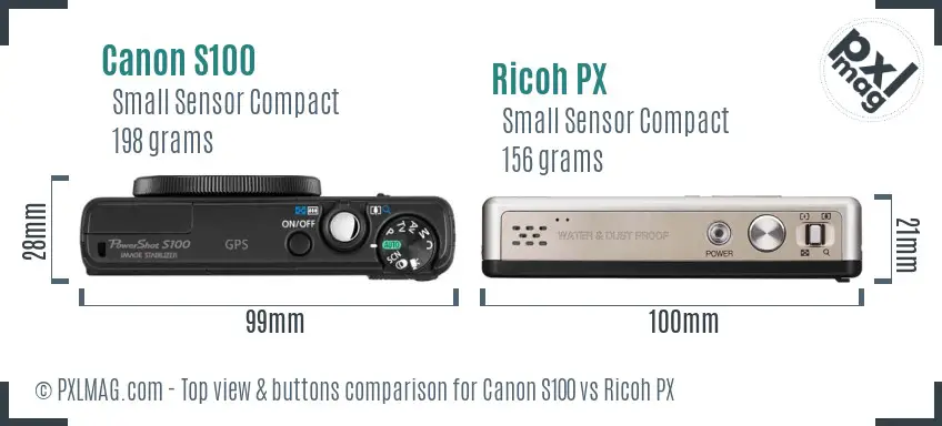 Canon S100 vs Ricoh PX top view buttons comparison Canon S100 vs Ricoh PX top view buttons comparison