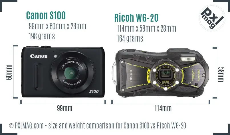 Canon S100 vs Ricoh WG-20 size comparison