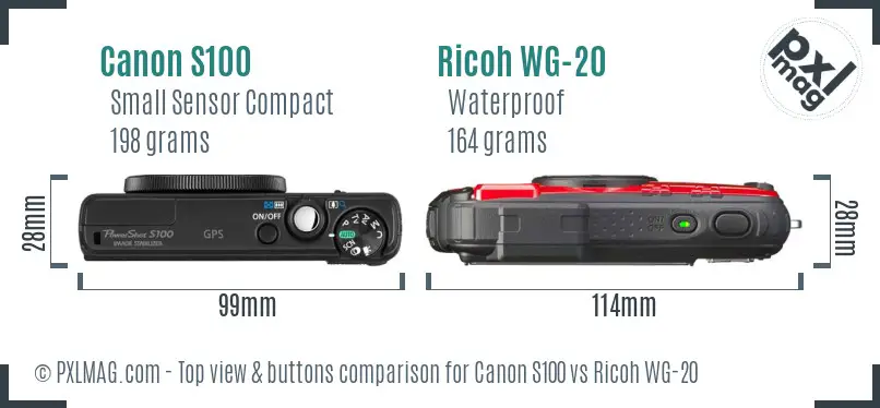 Canon S100 vs Ricoh WG-20 top view buttons comparison