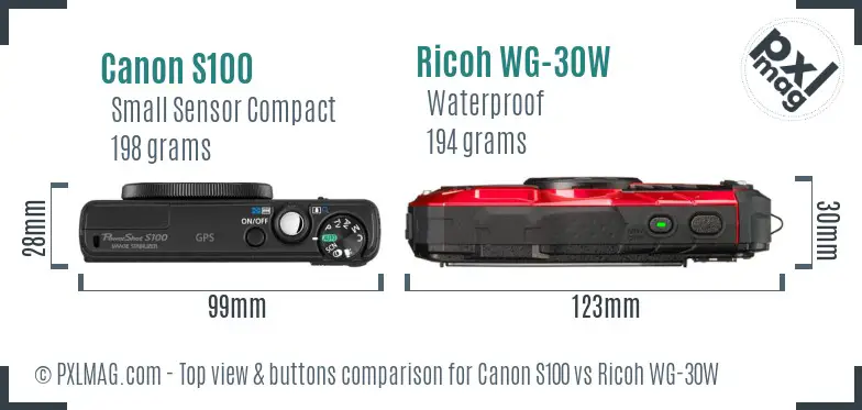 Canon S100 vs Ricoh WG-30W top view buttons comparison