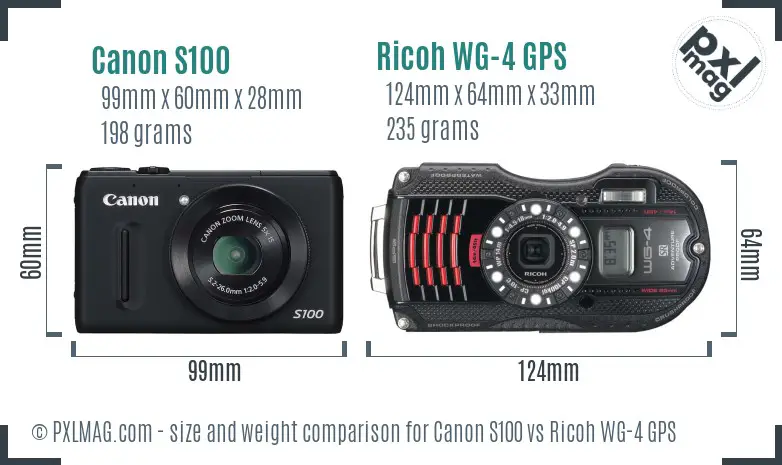 Canon S100 vs Ricoh WG-4 GPS size comparison