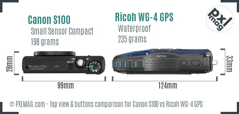 Canon S100 vs Ricoh WG-4 GPS top view buttons comparison