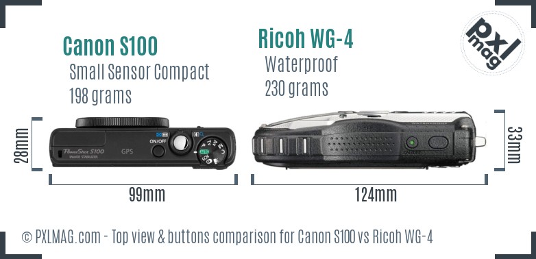 Canon S100 vs Ricoh WG-4 top view buttons comparison