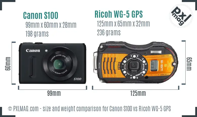 Canon S100 vs Ricoh WG-5 GPS size comparison