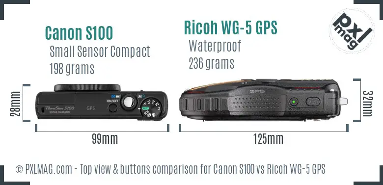Canon S100 vs Ricoh WG-5 GPS top view buttons comparison