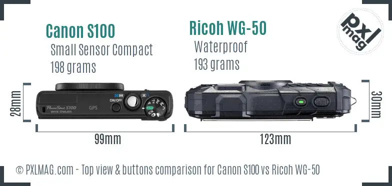 Canon S100 vs Ricoh WG-50 top view buttons comparison
