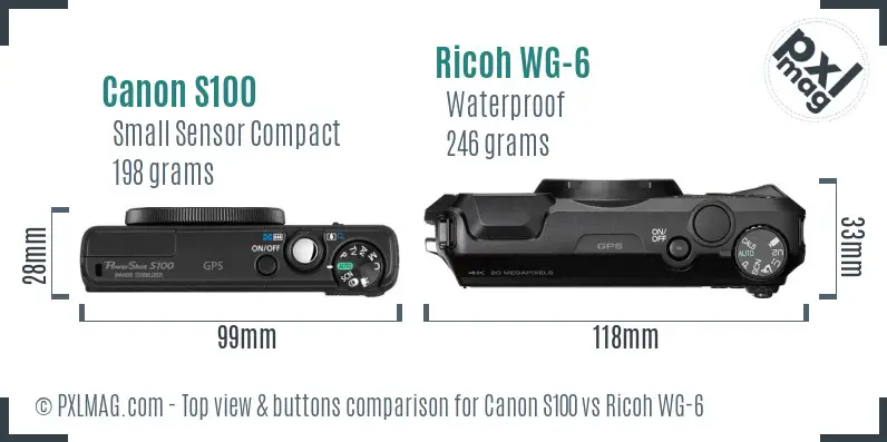 Canon S100 vs Ricoh WG-6 top view buttons comparison Canon S100 vs Ricoh WG-6 top view buttons comparison