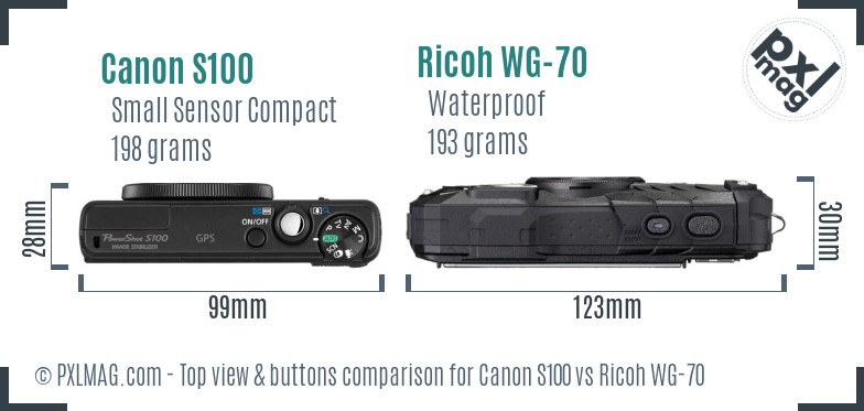 Canon S100 vs Ricoh WG-70 top view buttons comparison