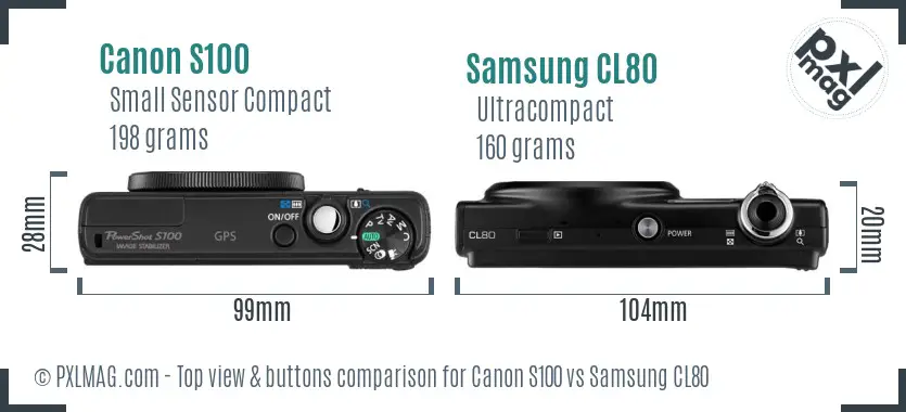 Canon S100 vs Samsung CL80 top view buttons comparison Canon S100 vs Samsung CL80 top view buttons comparison