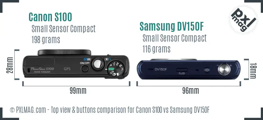 Canon S100 vs Samsung DV150F top view buttons comparison Canon S100 vs Samsung DV150F top view buttons comparison