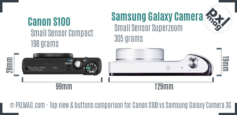 Canon S100 vs Samsung Galaxy Camera 3G top view buttons comparison