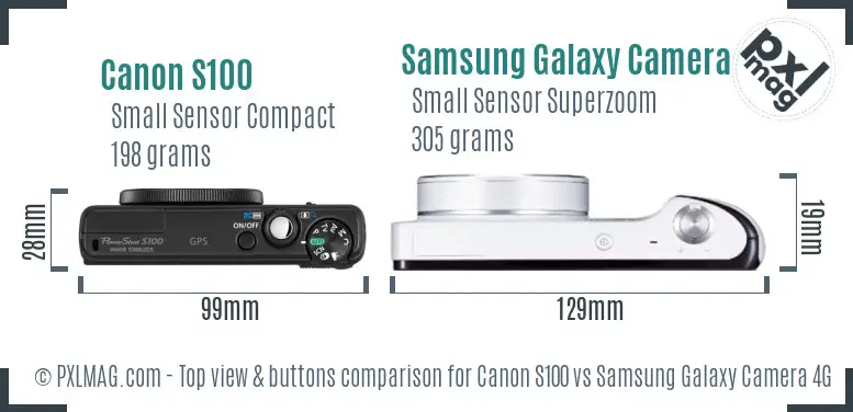 Canon S100 vs Samsung Galaxy Camera 4G top view buttons comparison Canon S100 vs Samsung Galaxy Camera 4G top view buttons comparison