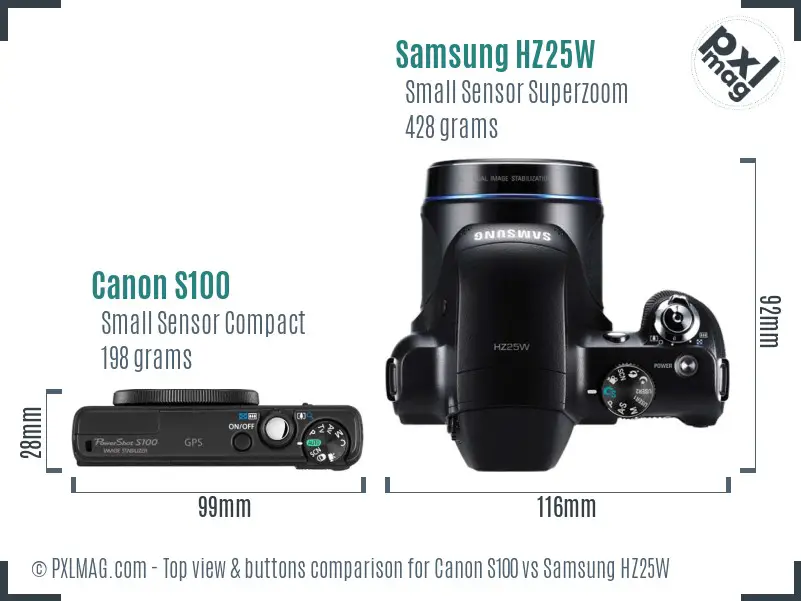 Top view comparison of Canon S100 and Samsung HZ25W