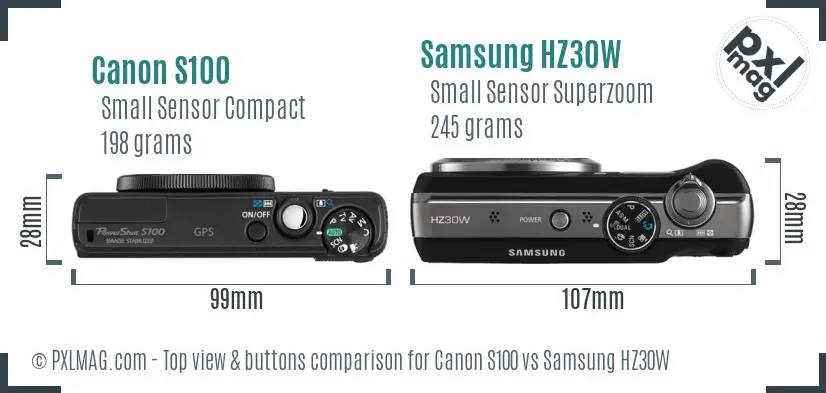 Canon S100 vs Samsung HZ30W top view buttons comparison