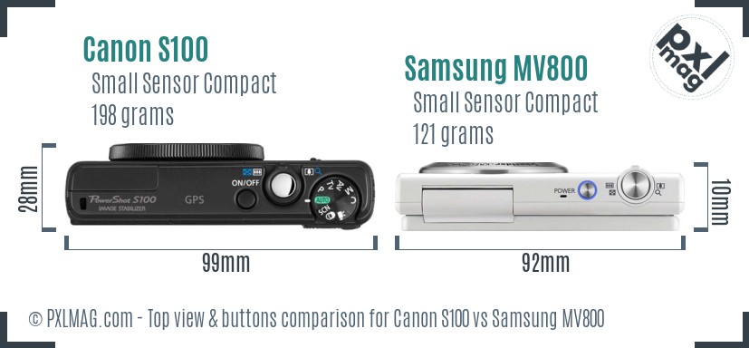 Canon S100 vs Samsung MV800 top view buttons comparison