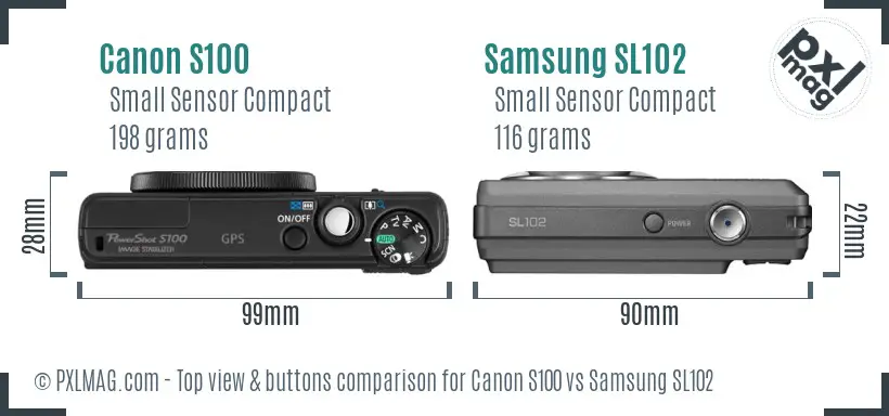 Canon S100 vs Samsung SL102 top view buttons comparison
