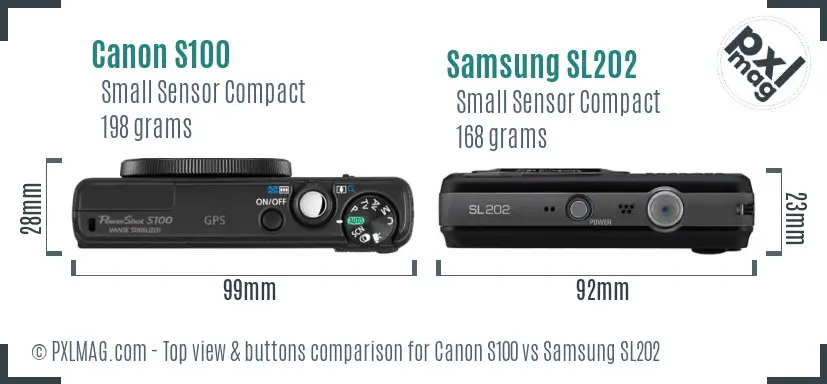 Canon S100 vs Samsung SL202 top view buttons comparison