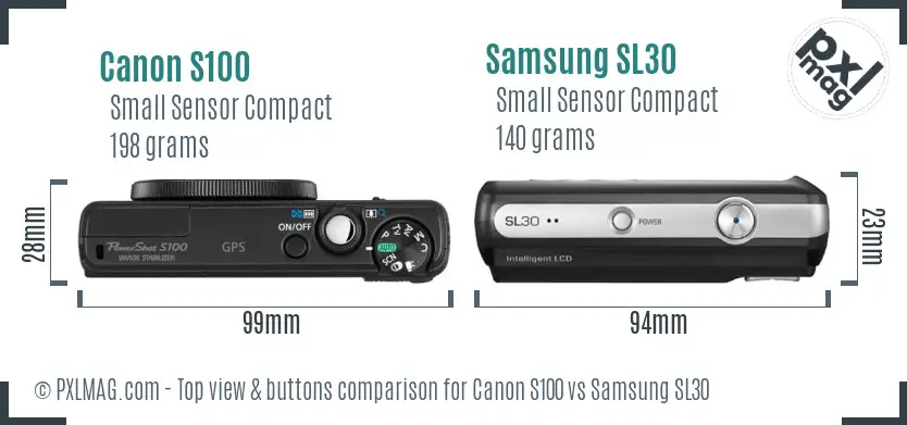 Canon S100 vs Samsung SL30 top view buttons comparison