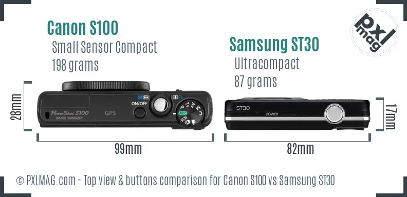 Canon S100 vs Samsung ST30 top view buttons comparison Canon S100 vs Samsung ST30 top view buttons comparison
