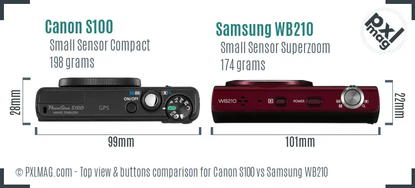 Canon S100 vs Samsung WB210 top view buttons comparison