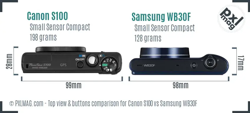 Canon S100 vs Samsung WB30F top view buttons comparison