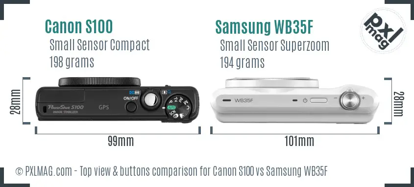 Canon S100 vs Samsung WB35F top view buttons comparison