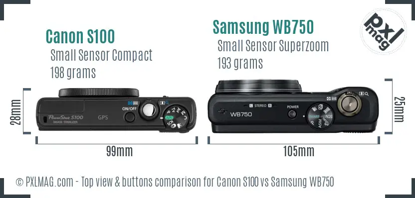 Canon S100 vs Samsung WB750 top view buttons comparison
