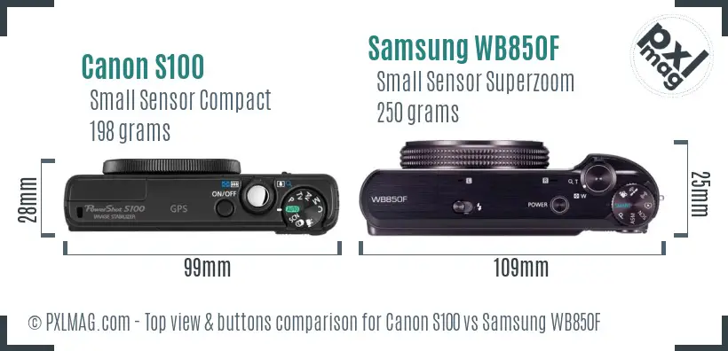 Canon S100 vs Samsung WB850F top view buttons comparison