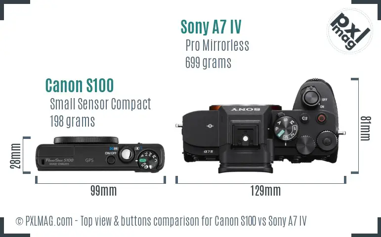 Canon S100 vs Sony A7 IV top view buttons comparison Canon S100 vs Sony A7 IV top view buttons comparison
