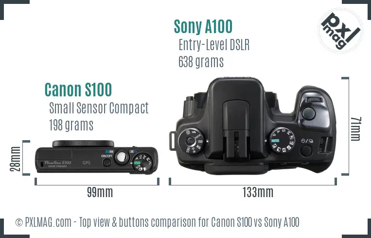 Canon S100 vs Sony A100 top view buttons comparison Canon S100 vs Sony A100 top view buttons comparison