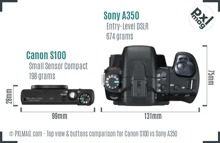 Canon S100 vs Sony A350 top view buttons comparison