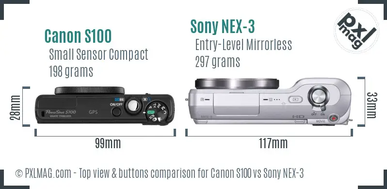 Canon S100 vs Sony NEX-3 top view buttons comparison Canon S100 vs Sony NEX-3 top view buttons comparison