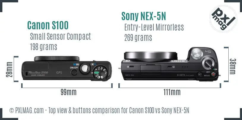 Canon S100 vs Sony NEX-5N top view buttons comparison Canon S100 vs Sony NEX-5N top view buttons comparison