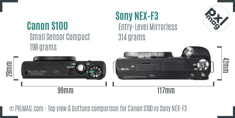 Canon S100 vs Sony NEX-F3 top view buttons comparison