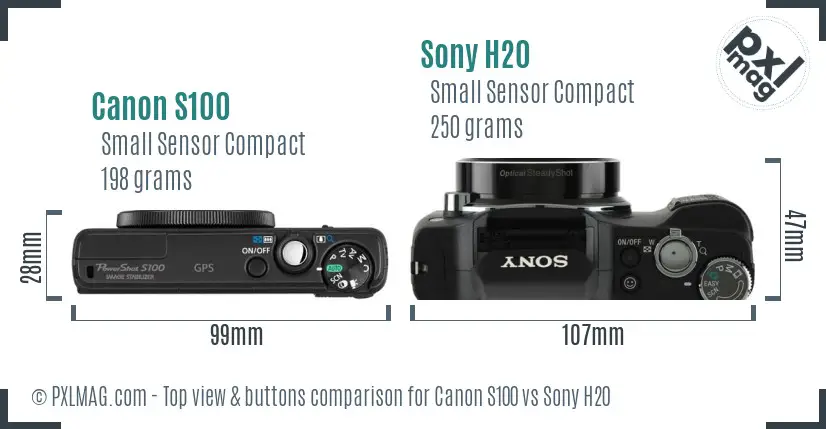 Canon S100 vs Sony H20 top view buttons comparison