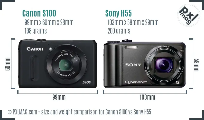 Canon S100 vs Sony H55 size comparison